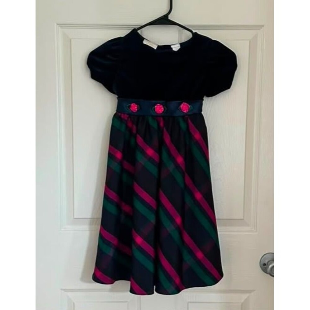 Vintage Little Bitty Girls Holiday Dress Size 6 Navy Velvet Plaid Party
